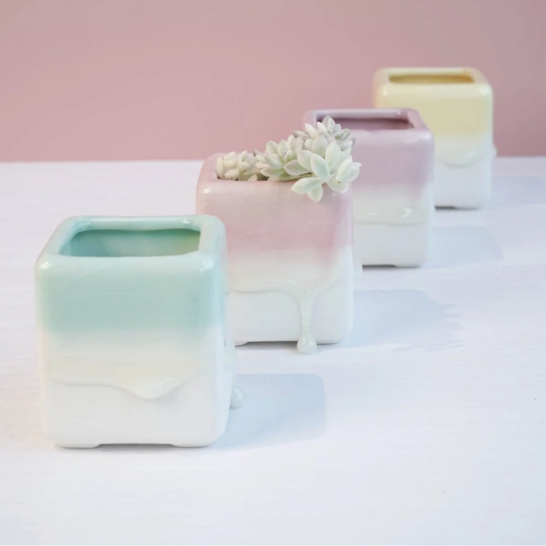 square ceramic flower pots Dripping Glazed Square B Pots Green